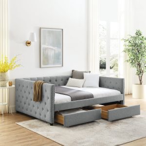 Upholstered Full Size Daybed with Two Drawers, with Button and Copper Nail on Square Arms, Grey (82.75''x58''x30.75'')